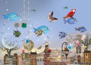 Postkarte Ilona Reny blauer Hintergrund und fliegende Fische