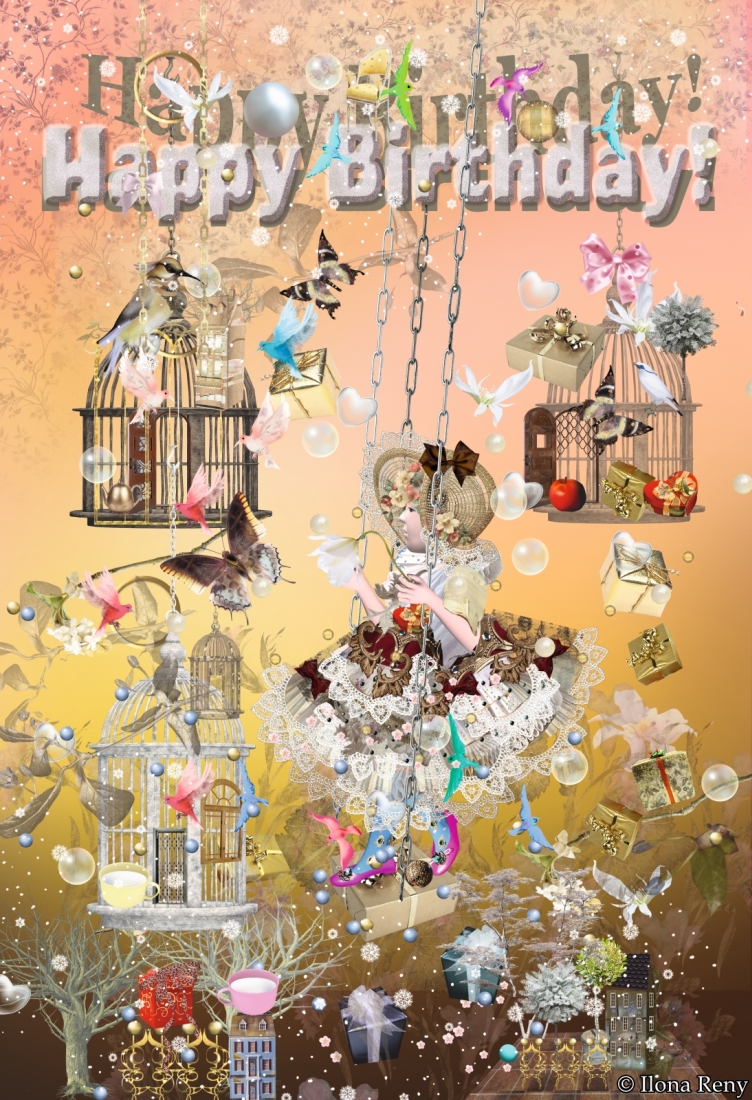 Grußkarte "Happy Birthday Little Fairy" Girl in Vintag Dress with open cages butterflies, birds and many presents