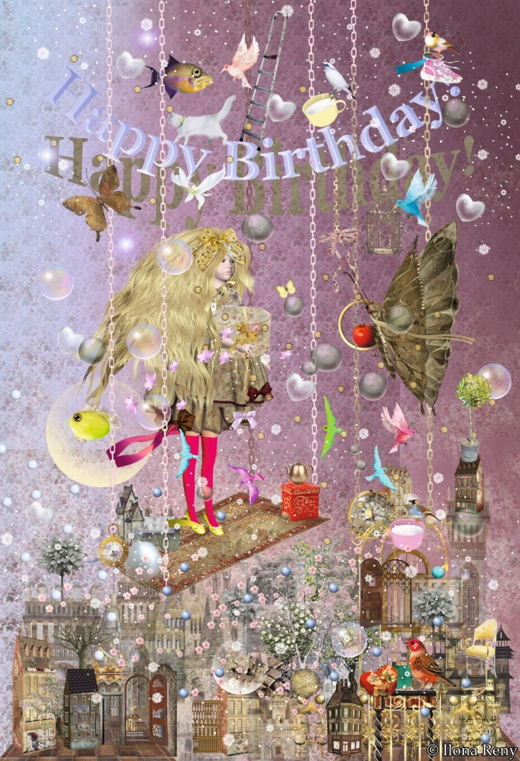 Happy Birthday- Card by Ilona Reny Girl with big Blonde Hair stands on a wooden log hanging from the sky, under her old houses with trees hanging on roofs, a butterfly carries an apple for her, many presents in the air