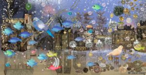 Postkarte "Timeless Moment" von Ilona Reny. Viele Fische und Vögel, Blauer Himmel, Wasser, in der Luft schweben Perlen, goldene Kugeln, Schnee, Sterne, im Hintergrund sind Bäume und Häuser
