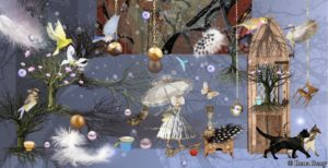 Postkarte "Dark Golden Night" von Ilona Reny. Blauer Hintergrund, Fee, Katze, Federn, Vögel, Bäume