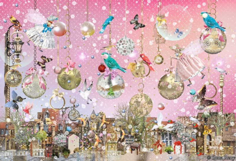 Weihnachts-Doppelkarte "Rosa-Gold" von Ilona Reny: rosa Himmel, goldene Weihnachtskugeln hängen an Ketten vom Himmel, Feen, Vögel, alte Stadt.