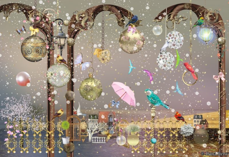 Weihnachtskarte von Ilona Reny grauer Himmel, bunte Vögel, Regenschirme, Weihnachtskugeln, Schnee