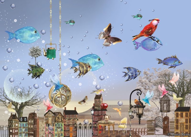Postkarte "Fische im Himmel" von Ilona Reny Blaue Fische am blauen Himmel, Bunte Vögel, alte Stadt
