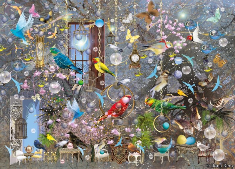 Postkarte von Ilona Reny "Viele bunte Papageien" Viele Papageien, Vogelschaukeln, Blumen, viele Sessel