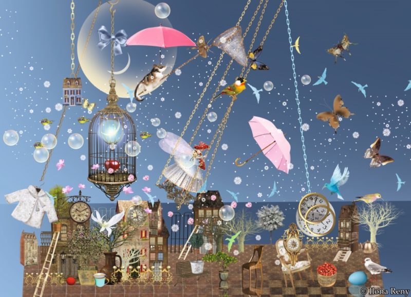 Postkarte "Abendwind" von Ilona Reny. Tiefblauer Himmel, Fee auf einer Schaukel, fliegende Fische, Schmetterlinge, alles schwebt über einer alten Stadt.
