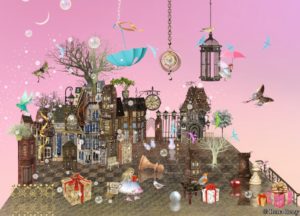 Postkarte "Rosa Traum" von Ilona Reny, rosaner Himmel, Schachbrett, alte Häuser, Bäume, Geschenke, Feen