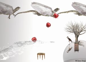 Postkarte “Drachen III” zeigt 3 fliegende Drachen mit weißen Flügeln. Die mittlere Eidechse lässt rote Kirschen fallen