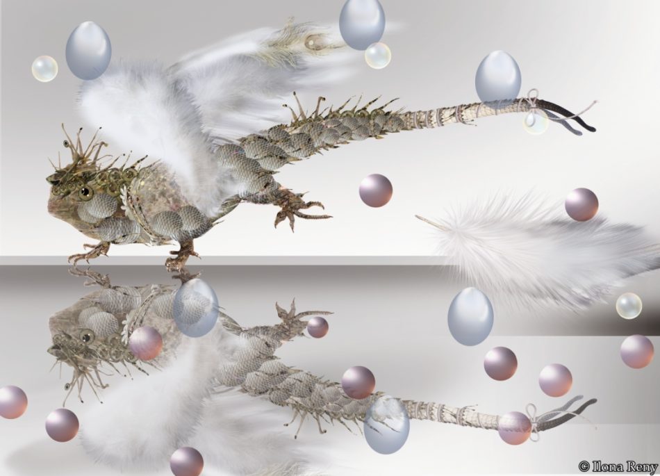 Postkarte “Drachen IV” von Ilona Reny Drache mit weißen Federn und Regentropfen auf weißem Hintergrund