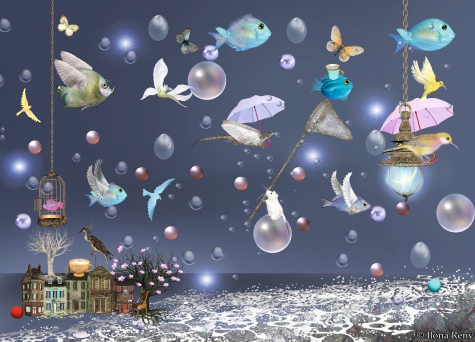 Postkarte “Vögel und Fische II” von Ilona Reny Verträumte dunkelblaue surreale Postkarte mit vielen bunten Vögeln, Fischen, Mäusen und Drachen, Regentropfen und Regenschirmen. Unter ihnen einige Häuser und Meereswellen.