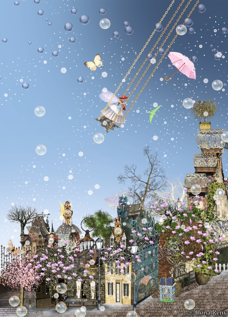 Postkarte "Schaukel dich hoch" von Ilona Reny zeigt eine sehr hohe Schaukel im Himmel, auf welcher eine Fee in weißem Kleid und mit Schmetterlingsflügeln schaukelt.