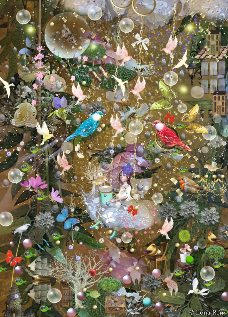 Postkarte Feenzauber Ilona Reny Mädchen auf Schaukel viele bunte Vögel