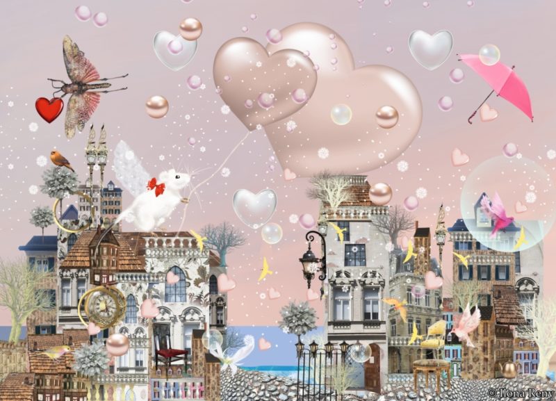Postkarte Ilona Reny "Lass Dein Herz aufsteigen". Weiße Maus steht auf dem Dach und lässt Herzluftballons aufsteigen
