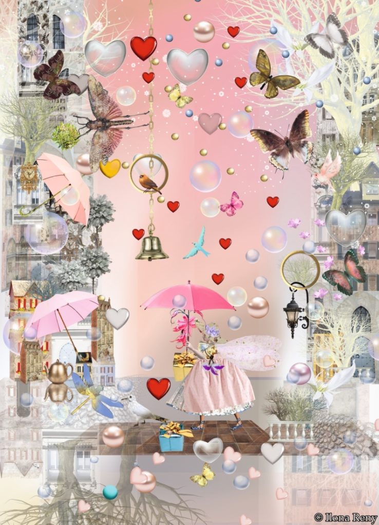 Postkarten von Ilona Reny Eine Fee mit rosanem Schirm steht unter Regen aus roten Herzen