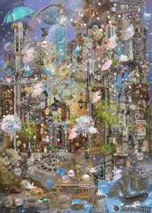 Poster "Enchanted Blue" von Ilona Reny: alte Stadt, blauer Himmel, Schiff in Meeresbucht, mehrere kleine Feen, Schmetterlinge, Fische, Vögel, Regenschirme und Regentropfen