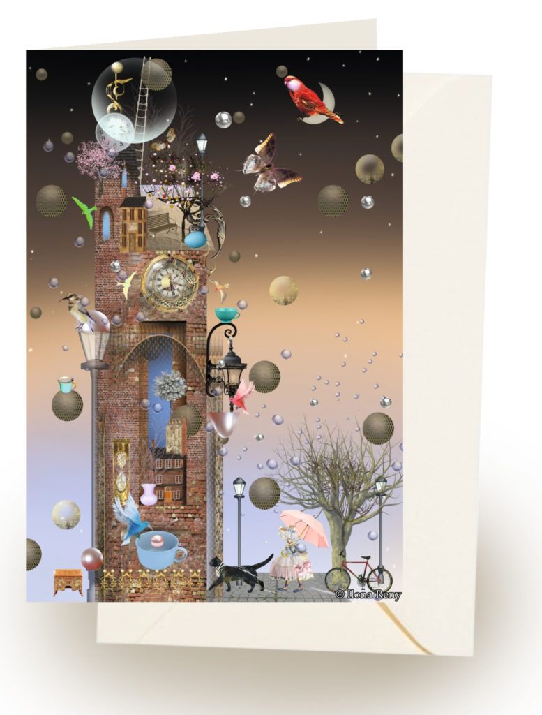 Grußkarte Ilona Reny Alter Turm in der Abenddämmerung mit Umschlag