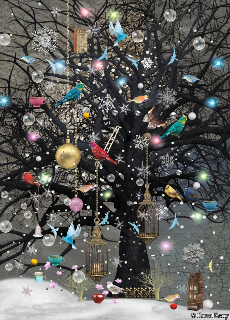Postkarte Ilona Reny Schwarzer Baum mit Weihnachtskugeln, bunten Vögeln und Schnee