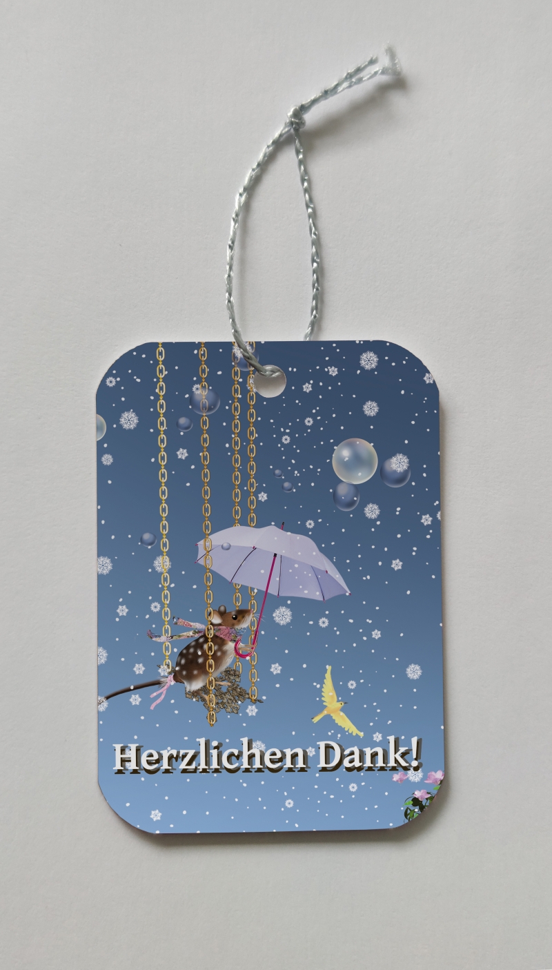 Geschenkanhänger von Ilona Reny "Herzlichen Dank" Maus schaukelt mit Regenschirm