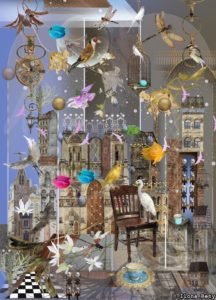 postcard p45 by Ilona Reny two birds are talking on a chair over a grayish morning city background with many flowers, birds and dragon-flies in air