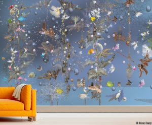 ilona Reny wallpaper rain of flowers and plants wallpaper with yellow sofa