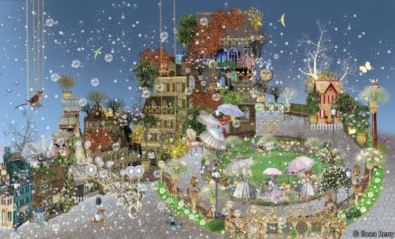 ilona reny children wallpaper 04 fairy park B size blue sky and mouse on a whip garden with old houses, fairies walking with umbrellas in snow