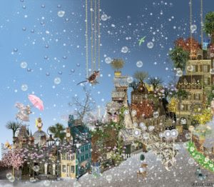 ilona reny children wallpaper 04 fairy park A size blue sky and mouse on a whip garden with old houses, fairies walking with umbrellas in snow