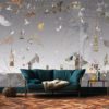 Morning Light City Wallpaper Mural by Ilona Reny gray sky, plants and flowers with a dark green sofa