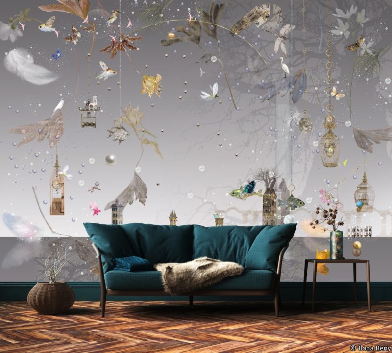 Morning Light City Wallpaper Mural by Ilona Reny gray sky, plants and flowers with a dark green sofa