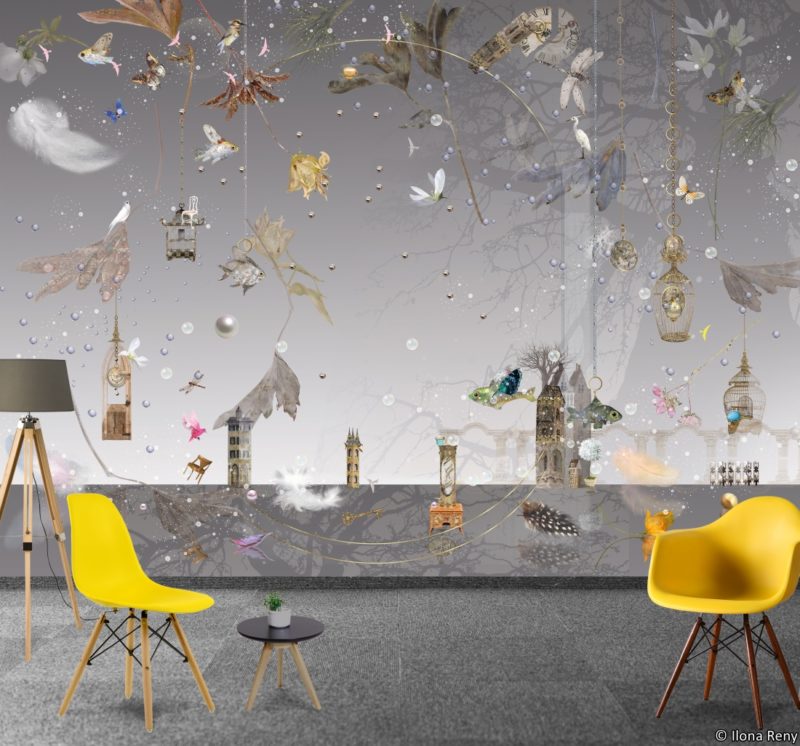 Morning Light City Wallpaper Mural by Ilona Reny gray sky, plants and flowers with yellow chairs